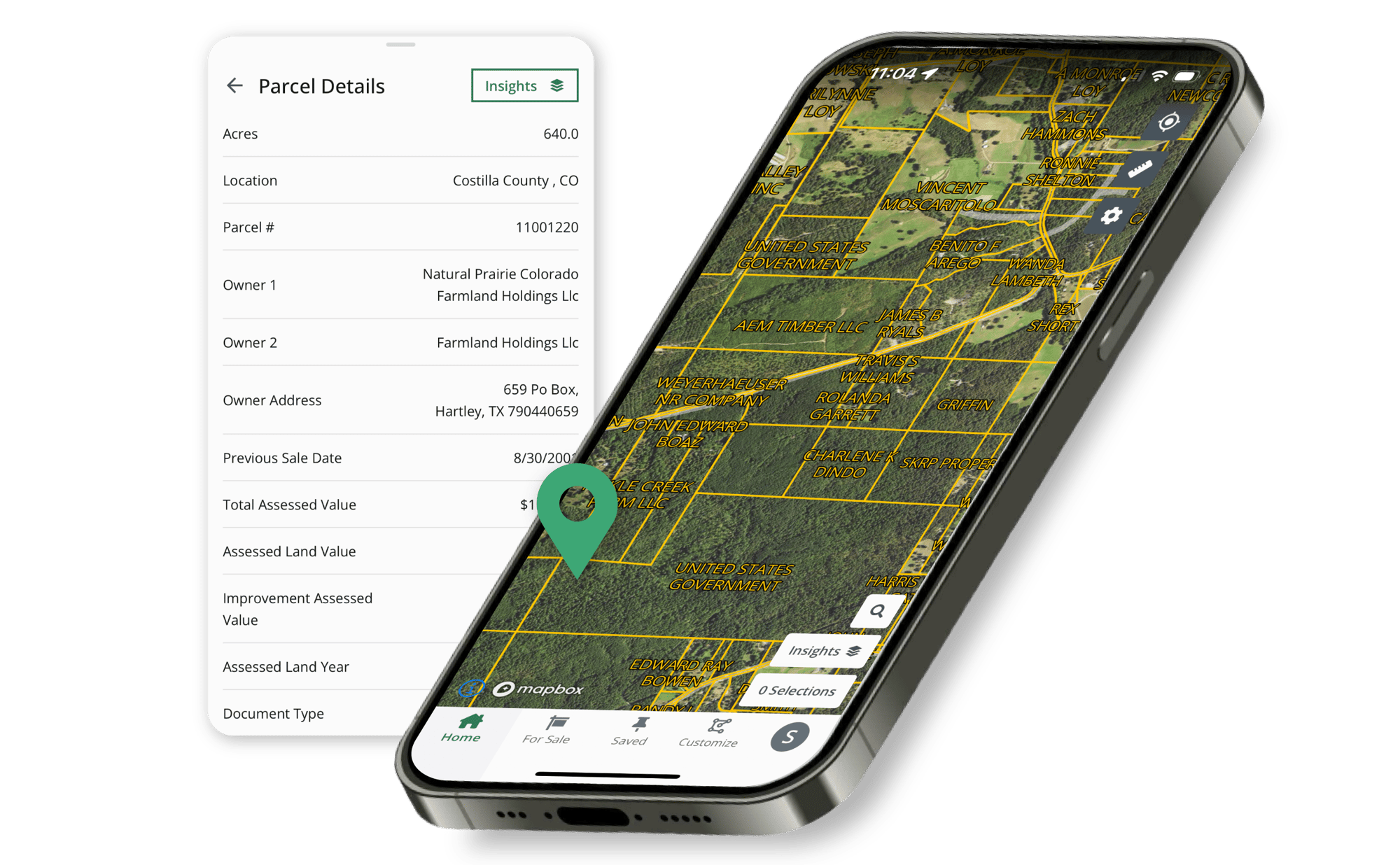 Mobile phone mockup showing parcel details in the Acres app Mobile phone mockup showing parcel details in the Acres app